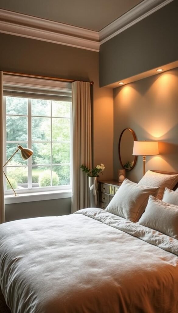 A cozy and inviting bedroom with soft, muted paint finishes that evoke a sense of calm and relaxation. The walls are painted in a soothing shade of sage green, complemented by a plush, textured duvet cover in a complementary hue. Warm, ambient lighting casts a gentle glow, creating a comforting atmosphere. A large, picture window overlooks a tranquil garden, allowing natural light to filter in and enhance the serene mood. Subtle metallic accents, such as a brass bedside lamp and a mirrored vanity, add a touch of sophistication. The overall effect is a harmonious and peaceful space that invites the viewer to unwind and recharge.