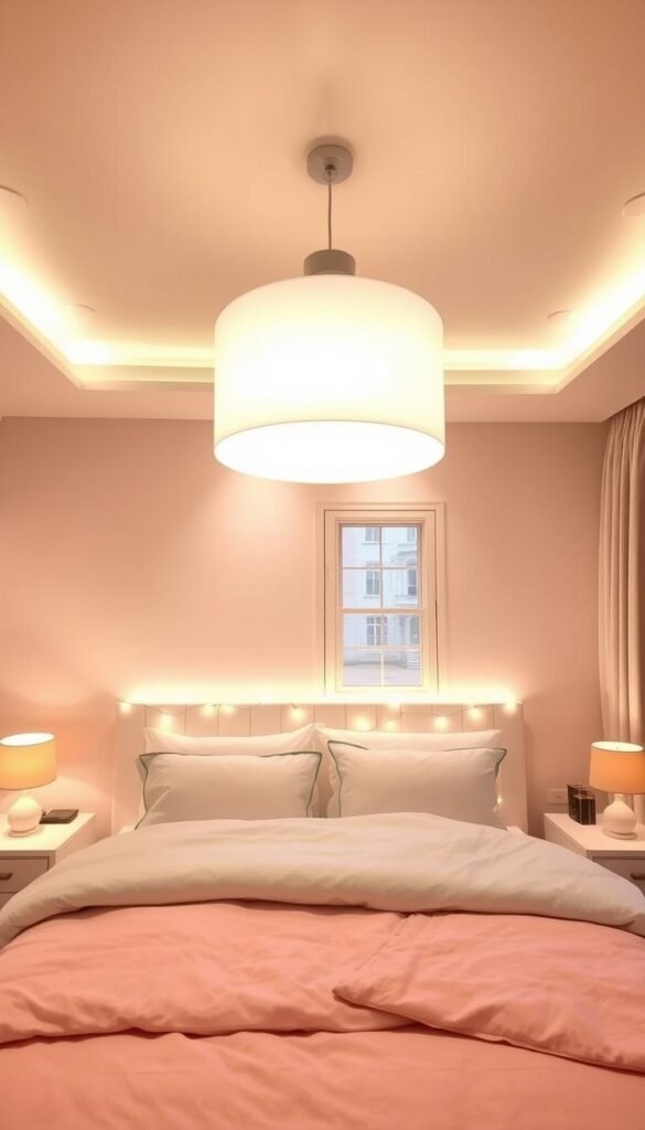 A cozy and inviting bedroom with strategic lighting design. Soft, warm-toned lamps on bedside tables illuminate the space with a gentle, ambient glow. Recessed ceiling lights cast a subtle, evenly-distributed illumination across the room. A large, modern pendant light hangs above the bed, providing a focal point and ample brightness. Fairy lights along the headboard and window sills add a touch of whimsy and create a cozy, intimate atmosphere. The lighting effortlessly highlights the soft, pastel pink and light green color palette, creating a serene and harmonious environment.