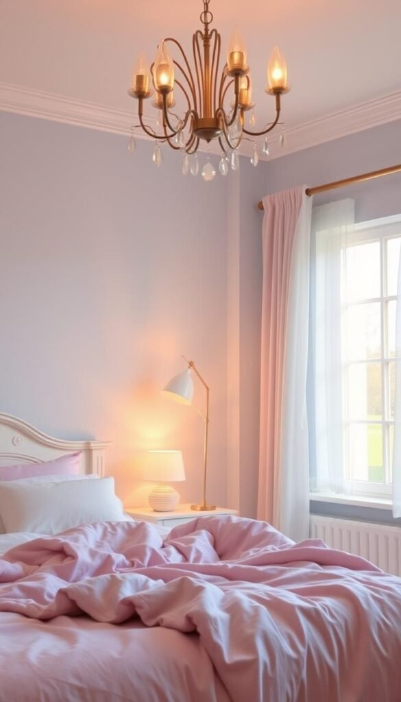 A cozy and inviting bedroom with warm lighting creating a serene atmosphere. Soft, diffuse illumination from a chandelier with delicate glass shards casts a gentle glow across the room. The walls are a soothing pastel blue, complemented by plush bedding in hues of pink and white. A floor lamp in the corner adds a subtle accent of light, while the large window allows natural daylight to filter in, casting a dreamy, ethereal ambiance. The overall mood is one of tranquility and comfort, perfect for a girl's personal sanctuary.