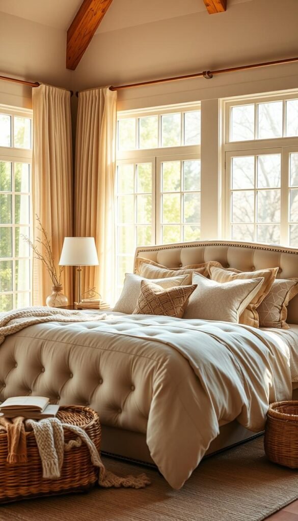 A cozy and inviting beige bedroom, bathed in warm natural light streaming through large windows. The focal point is a plush, tufted bed with a soft, sumptuous duvet in shades of beige and cream, accented by piles of decorative throw pillows in complementary textures and patterns. Delicate sheer curtains frame the windows, adding a hint of elegance. Intricate knit throws and woven baskets bring additional layers of warm, earthy tones and tactile appeal. The walls feature a soothing neutral palette, allowing the textured fabrics and natural elements to take center stage. An overall sense of comfort and relaxation pervades the space.