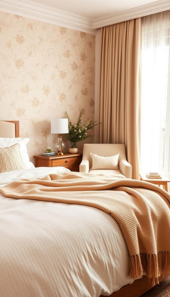 A cozy and inviting beige-themed bedroom design with warm, natural tones. In the foreground, a plush, off-white bedding set with textured linens and a beige throw blanket. In the middle ground, a wooden nightstand with a table lamp, and a beige accent chair. The background features a neutral-toned wall with delicate beige floral wallpaper, and a large window letting in soft, diffused natural lighting. The overall atmosphere is serene, calming, and infused with a sense of sophistication and comfort.