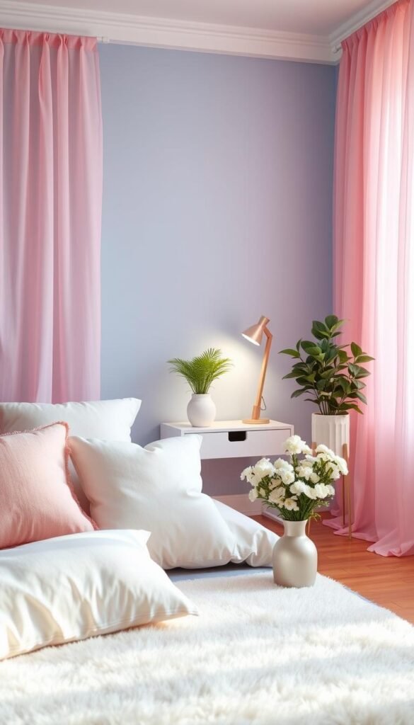 A cozy and inviting blue and pink bedroom, bathed in soft, warm lighting. In the foreground, an array of delicate, pastel-hued accessories - plush throw pillows, a fluffy area rug, and a decorative vase filled with fragrant flowers. The middle ground features a sleek, modern nightstand with a lush, leafy potted plant and a chic, minimalist lamp casting a gentle glow. In the background, the walls are painted in a soothing, gradient blue hue, complemented by sheer, pink curtains that flutter softly in the breeze. The overall atmosphere is one of serene tranquility, creating a harmonious and visually pleasing aesthetic.
