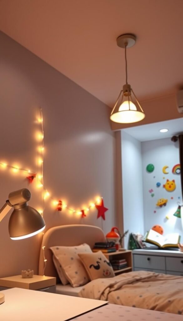 A cozy and inviting children's bedroom with a mix of task and accent lighting. In the foreground, a desk lamp with a soft, diffused glow illuminates a study area, encouraging focused work. Alongside, a string of warm fairy lights drapes across the headboard, casting a magical ambiance. In the middle ground, a pendant light with a simple, geometric design hangs above a reading nook, its light pool creating a cozy atmosphere. In the background, recessed ceiling lights bathe the room in a gentle, even illumination, highlighting colorful wall decor and playful accents that spark the imagination.