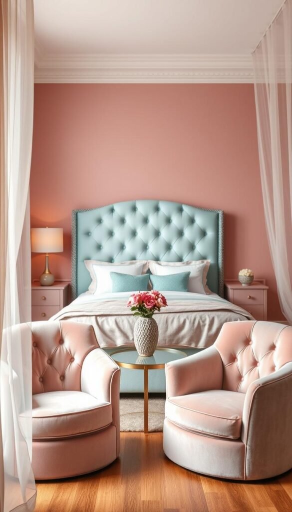 A cozy and inviting color scheme for a girls' bedroom, designed around a plush, tufted bed. The focal point is a soft, pastel-hued headboard, accented with pops of vibrant teal and dusty rose. In the foreground, a pair of plush, velvet-upholstered armchairs invite relaxation, while delicate, sheer curtains frame the scene. The middle ground showcases a chic, modern nightstand with a textural lamp and a vase of fresh flowers. The background features warm, wooden tones in the flooring and shelving, creating a harmonious, serene atmosphere. Soft, diffused lighting casts a dreamy glow, enhancing the overall cozy and inviting ambiance.