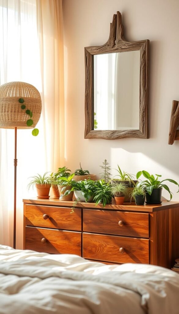 A cozy and inviting dresser stands in a bright, airy bedroom, its surface adorned with a vibrant assortment of thriving houseplants. The warm, natural light filters through sheer curtains, casting a soft, ethereal glow on the scene. Weathered wooden accents and earthy textures, such as a woven basket and a driftwood-inspired mirror frame, add depth and character to the composition. The arrangement strikes a harmonious balance between the dresser's clean lines and the organic, living elements, creating a serene and visually captivating display.