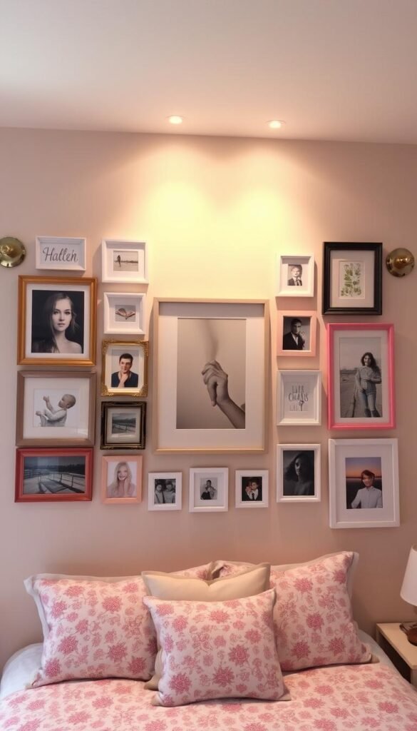 A cozy and inviting gallery wall display featuring an eclectic mix of framed artwork, photographs, and decorative elements. The centerpiece is a large, statement piece surrounded by an asymmetrical arrangement of various sized frames in complementary colors and styles. The walls are a soft, neutral shade that allows the artwork to take center stage, bathed in warm, natural lighting from strategically placed wall sconces. The overall impression is one of personalized style and creative flair, perfectly suited for a charming girls' bedroom.