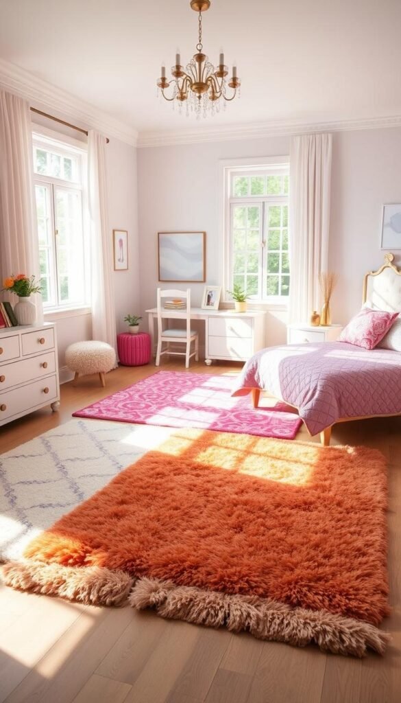 A cozy and inviting girls bedroom, bathed in soft natural light streaming through large windows. In the center, an arrangement of the best stylish rugs for girls bedrooms - plush, patterned, and in a range of vibrant colors that complement the room's decor. The rugs are displayed in a visually appealing manner, showcasing their textures, designs, and how they would look in an actual bedroom setting. The overall mood is one of tranquility and inspiration, guiding the viewer to envision the perfect rug for their own girls bedroom.