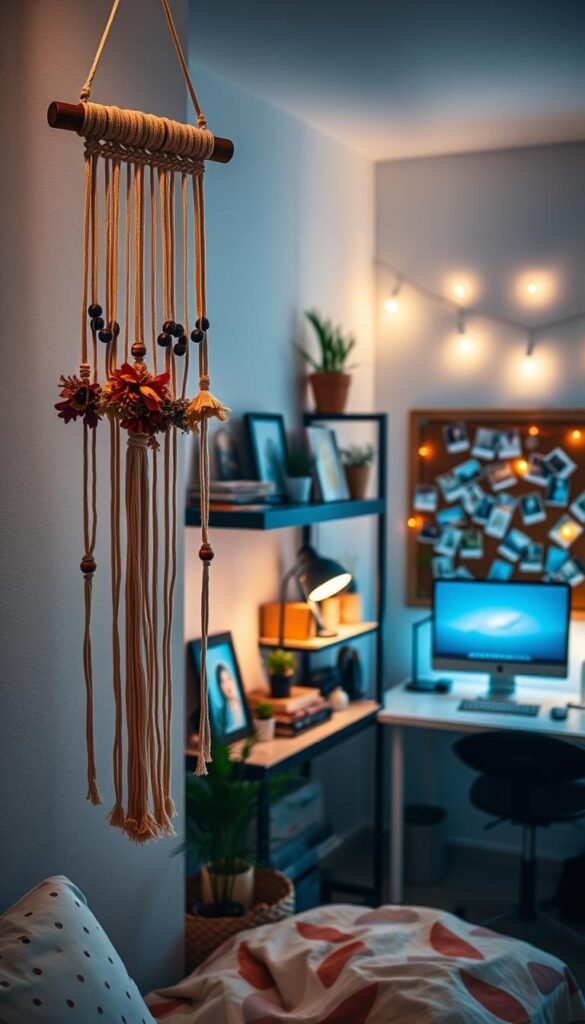 A cozy and inviting girls' bedroom decorated with charming DIY projects. The foreground features a handcrafted wall hanging made with macrame, dried flowers, and wooden beads. In the middle ground, a floating bookshelf displays an eclectic mix of trinkets, potted plants, and framed artwork. The background showcases a neatly organized desk with a computer, desk lamp, and a corkboard adorned with polaroid photos and string lights. Soft, warm lighting illuminates the space, creating a serene and personalized ambiance. The overall scene exudes a sense of creativity, comfort, and self-expression.