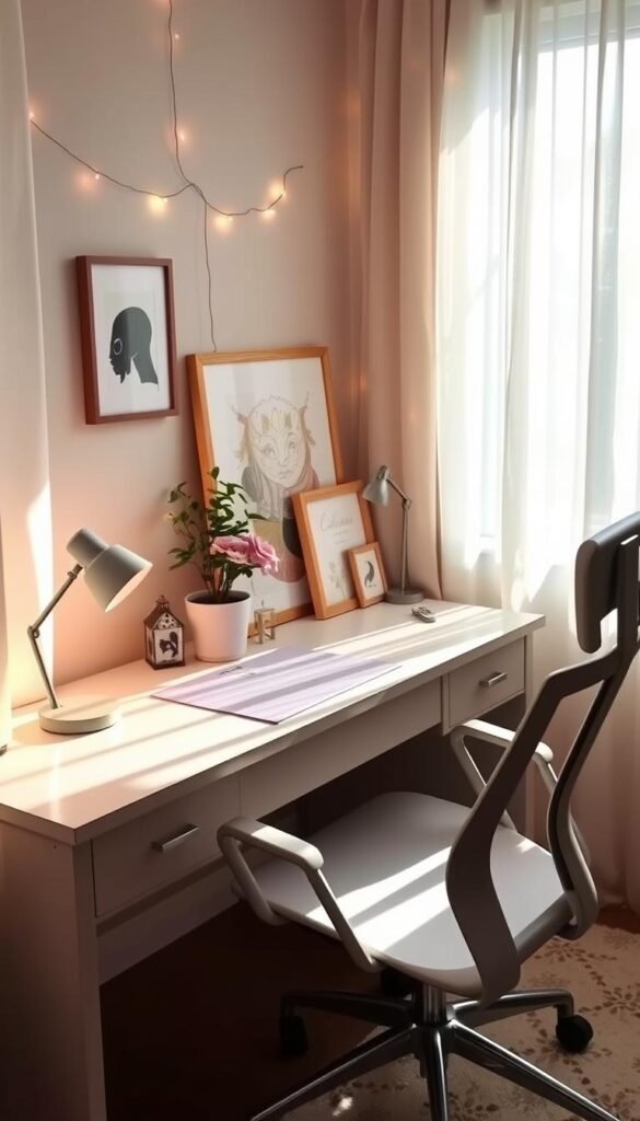 A cozy and inviting girls' bedroom desk, bathed in soft natural light streaming through sheer curtains. The desktop is adorned with a tasteful selection of decorative accents - a potted plant, a small vase of fresh flowers, and a minimalist desk lamp. Framed artwork and fairy lights lend a touch of whimsy, while a sleek, ergonomic chair provides comfort. The overall atmosphere exudes a sense of creativity, inspiration, and personalized style, reflecting the unique personality of the room's occupant.