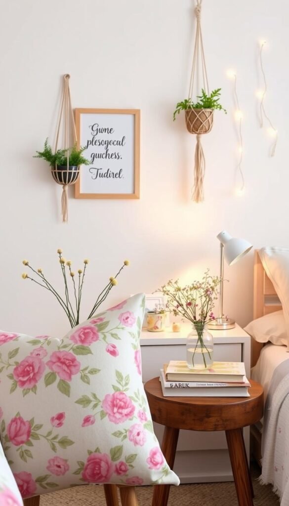 A cozy and inviting girls' bedroom, featuring an artfully arranged collection of decorative accents that add personal touches. In the foreground, a plush floral-patterned cushion and a stack of hardcover books adorn a rustic wooden stool. On the nearby nightstand, a delicate vase holds fresh wildflowers, casting a soft, warm glow from a dimmable lamp. In the middle ground, a hanging macrame plant holder sways gently, while a framed inspirational quote and a set of fairy string lights add subtle yet meaningful decor. The background showcases a crisp white wall, allowing the vibrant, personalized elements to take center stage and create a harmonious, visually appealing space.