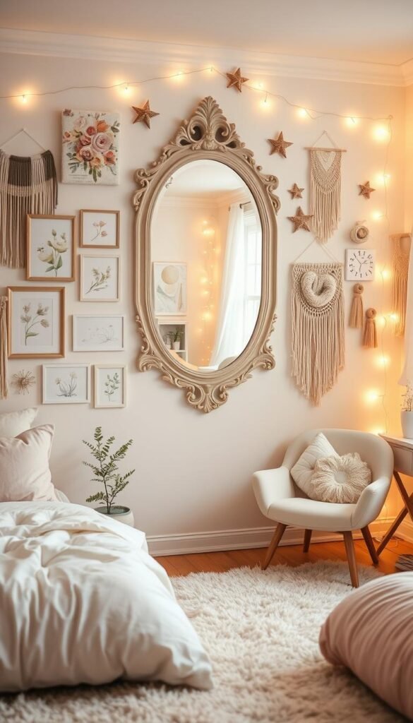 A cozy and inviting girls' bedroom sanctuary, bathed in warm, soft lighting and adorned with a harmonious blend of textured wall decor. The focal point is a large, ornate wall mirror reflecting the room's serene ambiance. Surrounding it are an array of delicate floral art prints, macrame wall hangings, and whimsical fairy string lights, creating a calming, dream-like atmosphere. The neutral color palette of whites, pastel pinks, and natural wood tones evokes a sense of tranquility, while plush textiles like a velvet accent chair and shag area rug invite relaxation. Overall, the space exudes a sense of personal expression, comfort, and a haven for self-reflection.