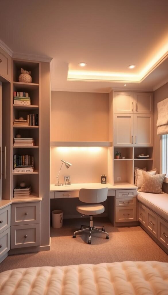 A cozy and inviting girls' bedroom showcasing built-in furniture solutions. In the foreground, a custom-designed storage unit with shelves, drawers, and cabinets seamlessly integrated into the wall, providing ample space for books, trinkets, and personal items. The middle ground features a sleek, minimalist desk with a built-in hutch, offering a dedicated workspace while maintaining a clean, uncluttered aesthetic. Warm, ambient lighting from recessed fixtures casts a soft glow, creating a relaxing atmosphere. In the background, a built-in window seat with plush cushions and a reading nook, allowing for a cozy and comfortable space to unwind. The overall design effortlessly blends function and style, maximizing the room's potential and creating a harmonious, personalized sanctuary.
