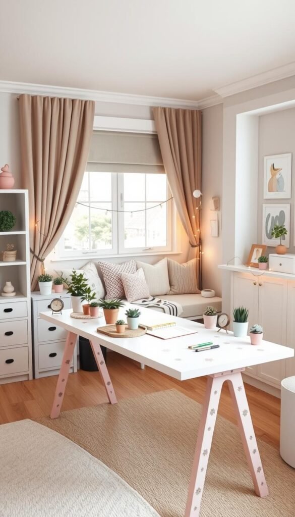 A cozy and inviting girls' bedroom with a creative desk solution in the foreground. The desk is a blend of modern and whimsical elements, with a sleek white surface, pastel pink legs, and a delicate floral pattern. Adorned with potted plants, stationery, and fairy lights, it creates a warm and inspiring workspace. The middle ground features a comfortable reading nook with plush pillows and a cozy throw, while the background showcases a soft, muted color palette with a large window allowing natural light to fill the room. The overall atmosphere is one of relaxation, productivity, and personal expression.