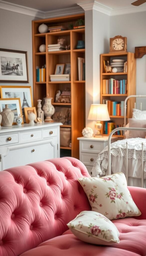 A cozy and inviting girls' bedroom with a mix of contemporary and vintage-inspired furniture and decor elements. In the foreground, a plush tufted velvet pink sofa with delicate floral throw pillows. In the middle ground, a white wooden dresser adorned with ceramic vases, framed art prints, and a vintage-style table lamp. The background features a wooden bookshelf filled with colorful books and decorative accents, alongside a shabby chic metal bed frame with a fluffy white comforter and lace trim. Soft, warm lighting illuminates the scene, creating a serene and feminine ambiance.