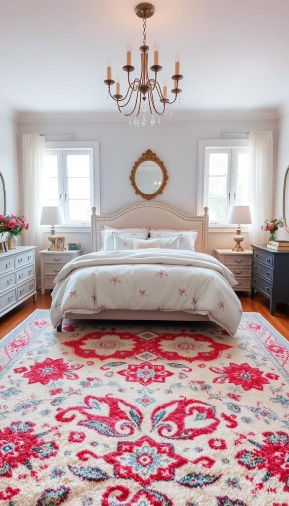A cozy and inviting girls' bedroom with a plush, colorful area rug as the focal point. The rug's intricate patterns and soft textures create a warm and welcoming atmosphere, complementing the light, airy walls and soft furnishings. A large, comfy bed with fluffy pillows and a delicate floral duvet set takes center stage, surrounded by a mix of modern and vintage decor elements. Soft lighting from a chandelier casts a gentle glow, while large windows allow natural light to flood the space. The overall effect is a harmonious and serene sanctuary that perfectly reflects a young girl's personal style and preferences.
