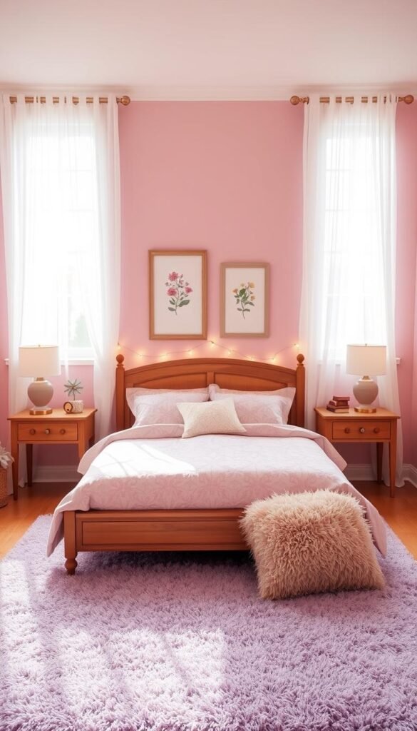 A cozy and inviting girls bedroom with a serene color palette. The room features soft pink walls, accented by sheer white curtains that gently sway in the natural light pouring through the large windows. In the foreground, a plush lavender area rug anchors the space, complemented by a wooden bed frame with a patterned duvet cover in shades of lilac and peach. On the bedside tables, pastel-colored lamps emit a warm glow. Framed floral artwork adorns the walls, while a shag floor pillow and a string of fairy lights add a touch of whimsy. The overall atmosphere is calming and reflective, inspiring a sense of personal comfort and style.