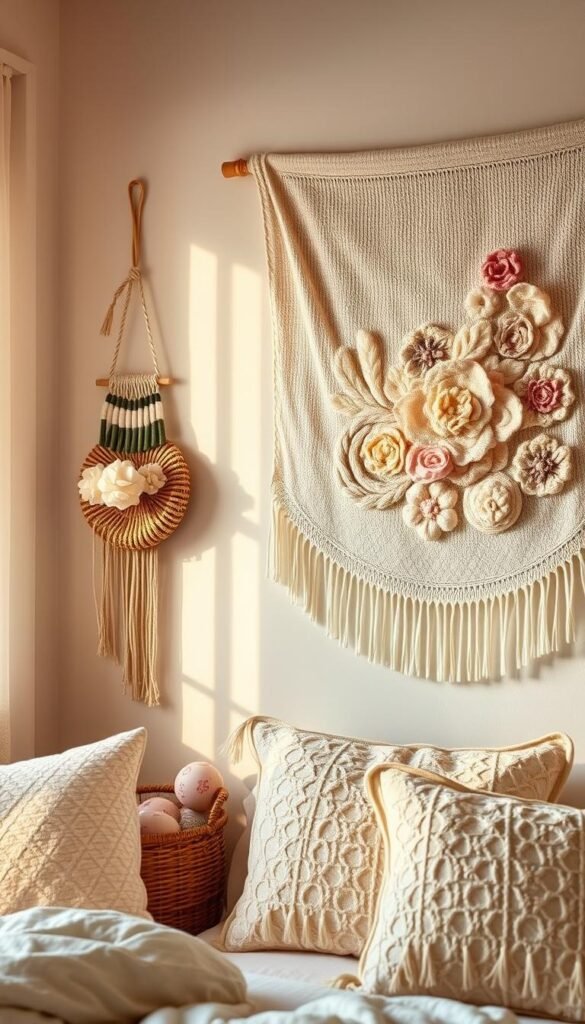 A cozy and inviting girls bedroom, with a textured wall decor taking center stage. A delicate, handcrafted floral tapestry hangs on the wall, its intricate stitching and soft pastel hues adding depth and dimension. Surrounding it, an array of plush, tactile elements - a macrame wall hanging, a woven basket, and a cluster of decorative ceramic pieces. Warm, diffused lighting from a nearby window casts a gentle glow, highlighting the interplay of textures and creating a serene, dreamlike atmosphere. The overall composition exudes a sense of femininity, comfort, and personal expression, perfectly complementing the "Incorporating Texture and Dimension" theme.