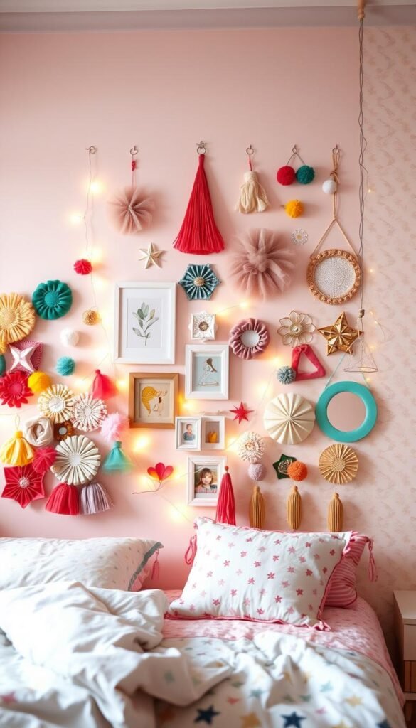 A cozy and inviting girls' bedroom with a vibrant, whimsical wall accent. In the foreground, a cluster of colorful, artfully-arranged wall hangings, including an array of playful fabric shapes, textured wall panels, and delicate wire sculptures. The middle ground features a mix of framed artwork, decorative mirrors, and string lights creating a warm, soft glow. The background showcases a subtly patterned wallpaper in pastel hues, complementing the room's overall aesthetic. Soft, diffused lighting illuminates the scene, evoking a serene, dreamy atmosphere perfect for a young, creative spirit. A cozy and inviting girls' bedroom with a vibrant, whimsical wall accent. In the foreground, a cluster of colorful, artfully-arranged wall hangings, including an array of playful fabric shapes, textured wall panels, and delicate wire sculptures. The middle ground features a mix of framed artwork, decorative mirrors, and string lights creating a warm, soft glow. The background showcases a subtly patterned wallpaper in pastel hues, complementing the room's overall aesthetic. Soft, diffused lighting illuminates the scene, evoking a serene, dreamy atmosphere perfect for a young, creative spirit.
