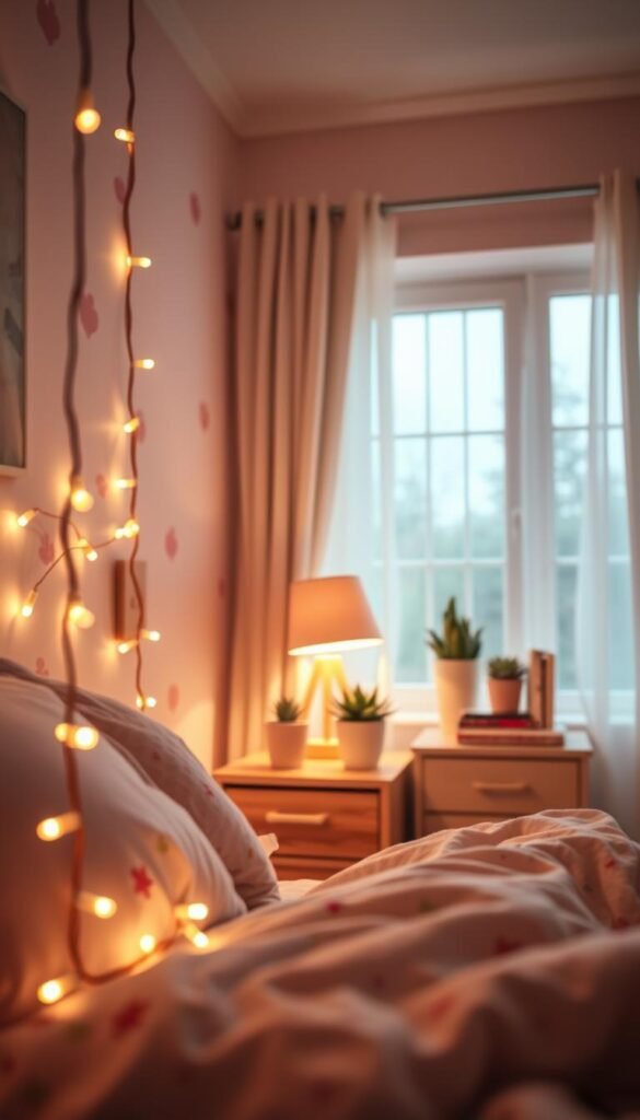 A cozy and inviting girl's bedroom with a warm, soft lighting scheme. In the foreground, a string of fairy lights cascades along the headboard, casting a magical glow. In the middle ground, a trendy lamp with a pastel-colored shade illuminates a wooden nightstand, adorned with potted succulents and a stack of books. The background features a large window, allowing natural light to filter in and complement the artificial lighting. Hints of pink, floral patterns, and textured fabrics create a dreamy, feminine ambiance. The camera angle is slightly elevated, capturing the room's charming and inviting atmosphere.