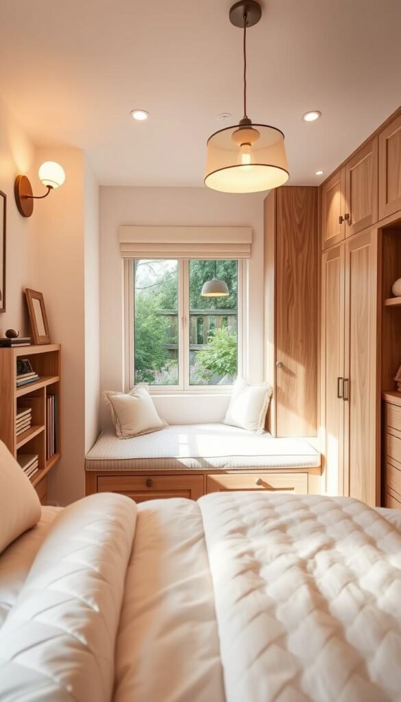A cozy and inviting girl's bedroom with built-in furniture that maximizes every inch of space. In the foreground, a charming loft bed with integrated storage drawers and shelves, perfect for stashing books, toys, and personal items. The middle ground features a custom-built window seat with plush cushions, creating a cozy reading nook overlooking a serene garden view. Warm, ambient lighting from sconces and a pendant fixture casts a soft glow, while natural wood tones and pastel accents give the space a relaxed, feminine aesthetic. The background showcases built-in wardrobes and a vanity, seamlessly integrated into the room's design for a clutter-free, organized look. A cozy and inviting girl's bedroom with built-in furniture that maximizes every inch of space. In the foreground, a charming loft bed with integrated storage drawers and shelves, perfect for stashing books, toys, and personal items. The middle ground features a custom-built window seat with plush cushions, creating a cozy reading nook overlooking a serene garden view. Warm, ambient lighting from sconces and a pendant fixture casts a soft glow, while natural wood tones and pastel accents give the space a relaxed, feminine aesthetic. The background showcases built-in wardrobes and a vanity, seamlessly integrated into the room's design for a clutter-free, organized look.