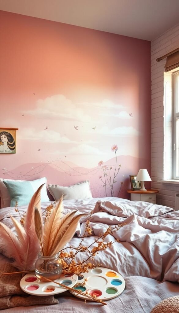 A cozy and inviting girls' bedroom with soft mauve walls, accented by delicate splatters, swirls, and brushstrokes of complementary pastel hues. The foreground showcases a whimsical arrangement of paint-dipped feathers, dried flowers, and artfully arranged paint palettes. In the middle ground, a large, statement-making mural depicts a dreamlike landscape with wispy clouds and delicate floral motifs. The background features a subtly textured wall, with a mix of matte and glossy paint finishes that catch the warm, diffused lighting from a large window. The overall mood is one of creativity, imagination, and a touch of youthful charm.
