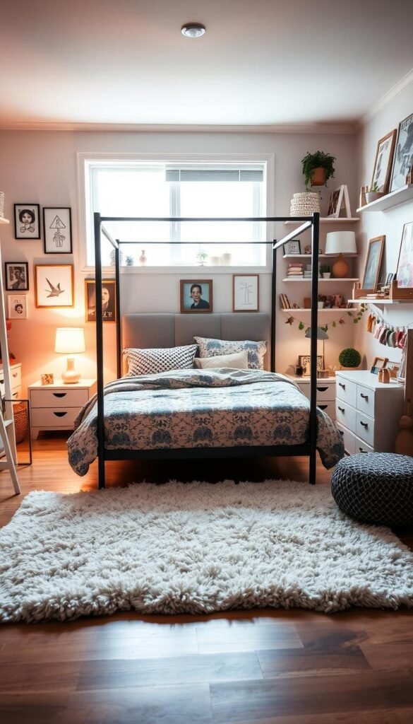 A cozy and inviting girls' bedroom with soft, warm lighting and a touch of whimsy. In the foreground, a plush, patterned rug covers the hardwood floor, providing a comfortable surface for playing or lounging. Centered in the room, a stylish and modern four-poster bed is adorned with a mix of patterned and solid-colored bedding, creating a visually interesting focal point. On the nightstands, a pair of minimalist lamps emit a soft, ambient glow. Along the walls, a collection of framed art, photographs, and decorative shelves showcase the girl's unique personality and interests. In the background, a large window allows natural light to filter in, creating a bright and airy atmosphere. The overall scene exudes a sense of coziness, creativity, and individuality.