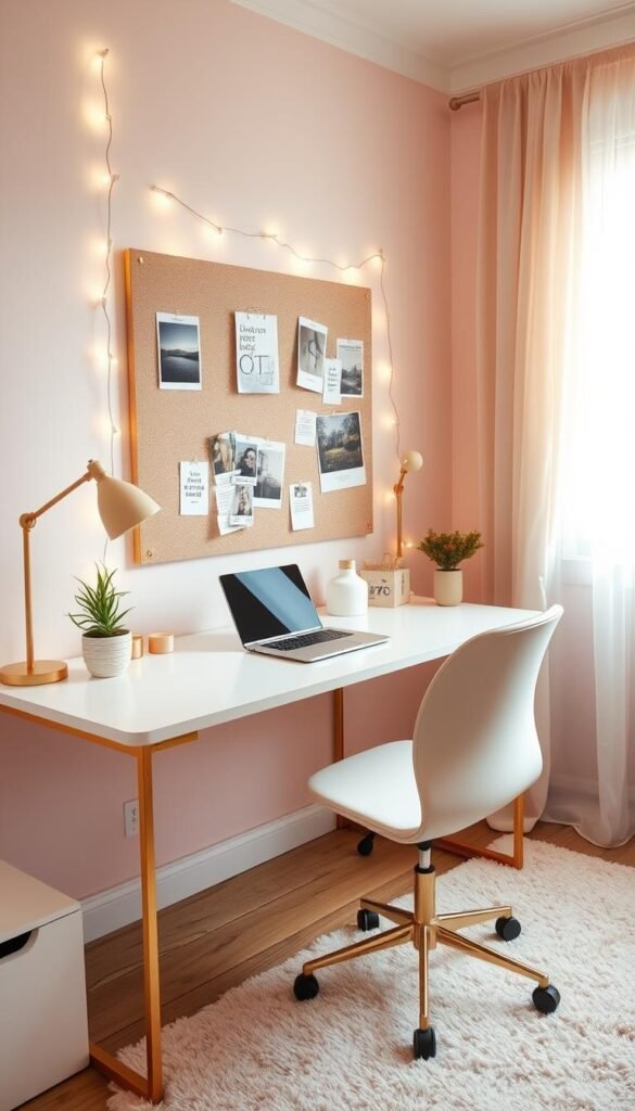 A cozy and inviting girls bedroom workspace design with a focus on functionality and personal style. In the foreground, a sleek and ergonomic desk with a white desktop and gold metal frame, accompanied by a comfortable office chair in a soft pastel tone. On the desk, a laptop, a potted plant, and a few minimalist decor pieces like a small vase and a desk organizer. The middle ground features a large pinboard or bulletin board with inspirational quotes, polaroid photos, and fairytale-like fairy lights. The background showcases a soft, pastel-colored wall, complemented by wispy sheer curtains and a plush area rug in a matching hue. Warm and natural lighting from a large window casts a gentle glow, creating a serene and productive atmosphere.