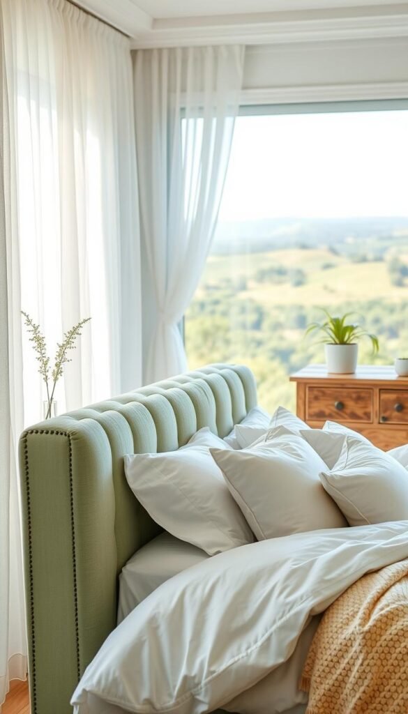 A cozy and inviting green and white bedroom with soft, natural lighting filtering through sheer curtains. The focal point is a plush, tufted headboard in a light sage green, complemented by crisp white bedding and throw pillows. Delicate potted plants and a rustic wood dresser add warmth and texture to the space. In the background, a large window frames a picturesque landscape, blending the indoor and outdoor elements seamlessly. The overall atmosphere is serene, calming, and harmonious, reflecting the tranquility of the natural world.