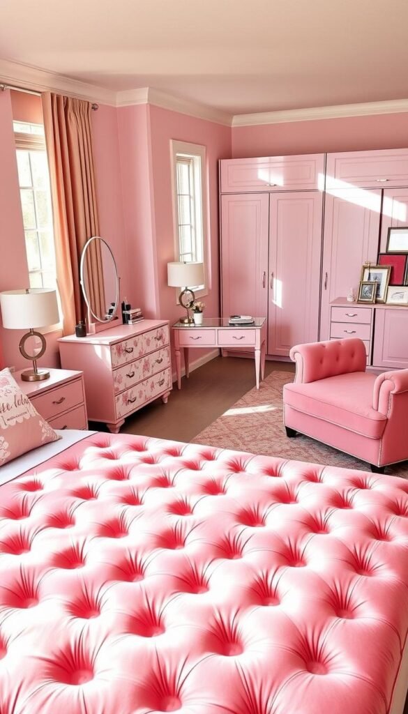 A cozy and inviting pink-themed bedroom showcasing a selection of modern, coordinated furniture pieces. In the foreground, a plush, tufted king-size bed with a soft pink velvet headboard, accompanied by matching nightstands with modern geometric lamps. In the middle ground, a stylish dresser with delicate floral drawers and a vanity table with a sleek, mirrored surface. The background features a spacious wardrobe with clean, minimalist lines and a comfortable chaise lounge in a complementary shade of pink, all bathed in warm, natural lighting from large windows. The overall atmosphere exudes a sense of femininity, sophistication, and relaxation.