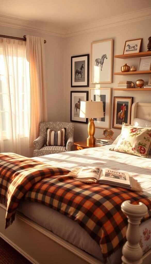 A cozy and inviting preppy bedroom, bathed in warm afternoon light streaming through gauzy white curtains. In the foreground, a carefully curated arrangement of patterned textiles - a plaid blanket, striped throw pillows, and a floral duvet cover adorning a pristine white bed frame. The middle ground features a decorative tufted armchair and a polished wooden side table, topped with a brass table lamp and a stack of fashion magazines. In the background, a gallery wall showcases a collection of framed equestrian-themed artwork and preppy fashion photography, complemented by a series of floating shelves displaying an array of preppy accessories and knick-knacks. The overall atmosphere is one of effortless elegance and sophisticated style.