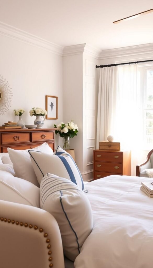 A cozy and inviting preppy bedroom with soft pastel hues, crisp white linens, and tasteful wooden accents. The foreground features a plush tufted headboard, fluffy throw pillows, and a navy-and-white striped accent pillow. The middle ground showcases a wooden dresser with brass hardware and a decorative vase of fresh flowers. In the background, a large window floods the space with warm, natural lighting, while sheer white curtains frame the view. The overall atmosphere exudes a refined and relaxing vibe, perfectly embodying the preppy aesthetic.