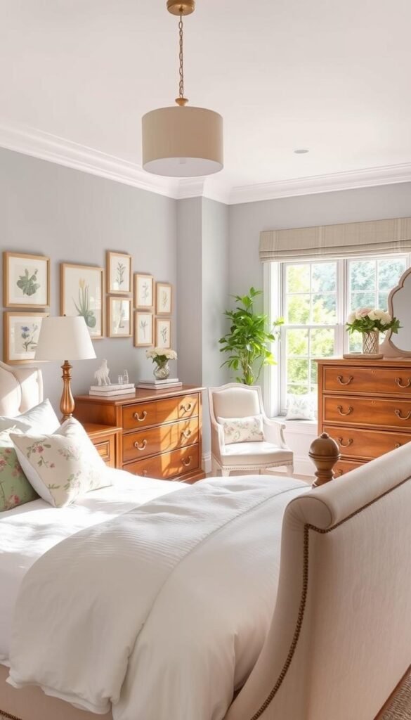 A cozy and inviting preppy girls bedroom, filled with natural light and airy ambiance. In the foreground, a plush upholstered bed with crisp white bedding and pops of pastel hues in the throw pillows and floral accents. Alongside, a polished wood dresser with classic brass hardware, complemented by a matching nightstand. In the middle ground, a delicate pendant lamp casts a warm glow, while a vintage-inspired armchair invites relaxation. The background features a soft gray wall, accentuated by a gallery wall of framed botanical prints and a charming window seat overlooking a lush garden. The overall scene exudes an elegant, feminine charm perfect for a preppy girl's retreat.