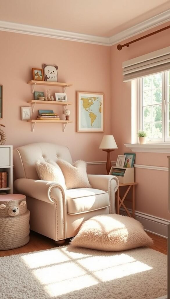 A cozy and inviting reading nook for a toddler girl's bedroom, with a plush, oversized armchair in a soft pastel shade, accented with fluffy throw pillows. The nook is nestled in a sunny corner, bathed in warm, diffused natural light from a large window. Whimsical, child-friendly wall decor, such as framed illustrations or shelves displaying storybooks, creates a playful and engaging atmosphere. A cozy rug in a complementary color adds texture and comfort underfoot. The overall mood is one of coziness, imagination, and a love for reading, inspiring a young mind to explore new worlds through literature. A cozy and inviting reading nook for a toddler girl's bedroom, with a plush, oversized armchair in a soft pastel shade, accented with fluffy throw pillows. The nook is nestled in a sunny corner, bathed in warm, diffused natural light from a large window. Whimsical, child-friendly wall decor, such as framed illustrations or shelves displaying storybooks, creates a playful and engaging atmosphere. A cozy rug in a complementary color adds texture and comfort underfoot. The overall mood is one of coziness, imagination, and a love for reading, inspiring a young mind to explore new worlds through literature.