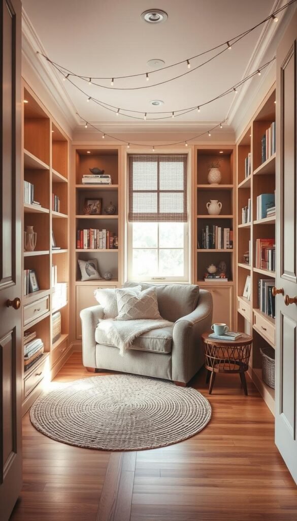 A cozy and inviting reading nook nestled within a chic, minimalist closet conversion. The space is flooded with warm, diffused natural light from a large window, casting a soft glow over the plush, overstuffed armchair and fluffy throw pillows. Intricate built-in wooden shelves line the walls, filled with an eclectic selection of books and decorative accents. Delicate string lights draped overhead create a cozy, intimate ambiance. The closet's original hardwood flooring has been refinished to a smooth, gleaming finish. Subtle pastel-hued textiles and a woven area rug add a touch of feminine charm, while a small side table holds a steaming mug of tea, ready for a blissful afternoon of reading. A cozy and inviting reading nook nestled within a chic, minimalist closet conversion. The space is flooded with warm, diffused natural light from a large window, casting a soft glow over the plush, overstuffed armchair and fluffy throw pillows. Intricate built-in wooden shelves line the walls, filled with an eclectic selection of books and decorative accents. Delicate string lights draped overhead create a cozy, intimate ambiance. The closet's original hardwood flooring has been refinished to a smooth, gleaming finish. Subtle pastel-hued textiles and a woven area rug add a touch of feminine charm, while a small side table holds a steaming mug of tea, ready for a blissful afternoon of reading.