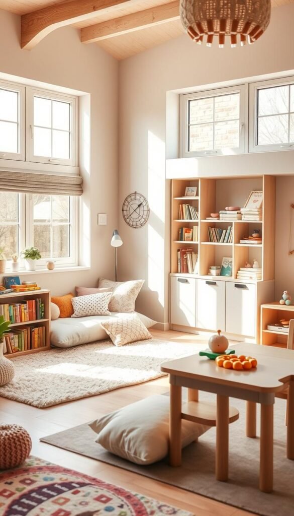 A cozy and inviting reading nook with plush cushions, a cozy rug, and a small bookshelf filled with colorful children's books. Nearby, a playful play space with a colorful play mat, wooden toys, and a small table and chairs. Warm, natural lighting streams in through large windows, creating a bright and airy atmosphere. The space is designed with a touch of whimsy, encouraging imaginative play and quiet moments of exploration. Soft pastel tones and natural textures blend seamlessly, creating a harmonious and enchanting environment for a little girl's bedroom.