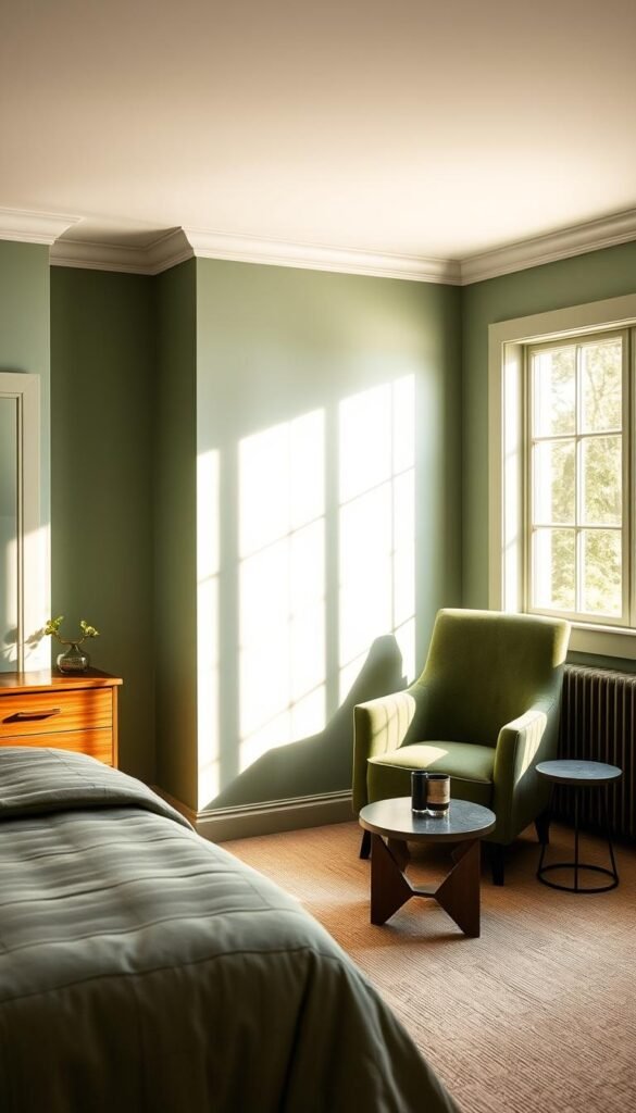 A cozy and inviting sage green bedroom featuring a meticulously crafted wood dresser with clean lines and a subtle sheen, complemented by a plush velvet armchair in a matching hue, positioned near a large window that floods the space with warm natural light. The scene is completed by a statement-making side table with a unique geometric design, casting mesmerizing shadows on the walls. The overall atmosphere exudes a sense of serene sophistication, perfect for a tranquil retreat.