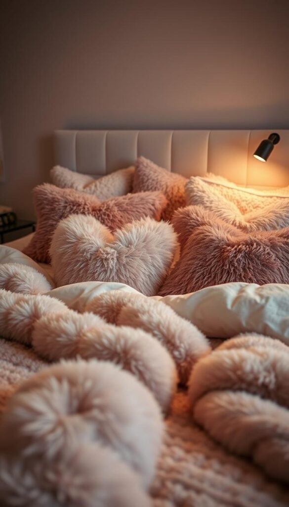 A cozy and inviting scene featuring a plush, oversized bed adorned with an array of soft, luxurious pillows in a variety of textures and hues. The pillows are styled in a visually appealing, artful manner, complementing the warm, neutral-toned bedding. Warm, diffused lighting casts a cozy glow, creating a sense of comfort and relaxation. The angle is slightly elevated, offering a compelling perspective that showcases the plush, inviting nature of the scene. The overall mood is one of serene, winter-inspired coziness, perfect for a girls' bedroom design.