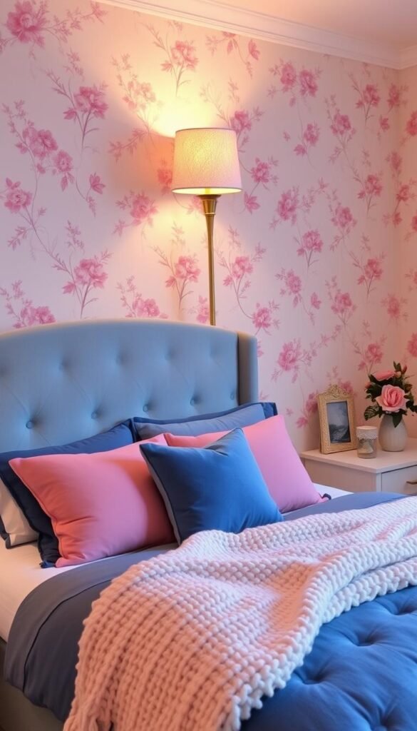 A cozy and inviting seasonal blue and pink bedroom, with a plush, tufted headboard in a soft shade of blue. The walls are adorned with delicate floral wallpaper in shades of pink and lavender, creating a romantic and serene ambiance. In the corner, a tall, decorative floor lamp casts a warm, golden glow, illuminating the room. The bedding features a mix of solid blue and pink pillows, complemented by a fluffy, knitted throw blanket. On the nightstands, seasonal decor like vases of fresh flowers or candles add pops of color and a touch of coziness. The overall scene evokes a sense of tranquility and comfort, perfect for a relaxing retreat.