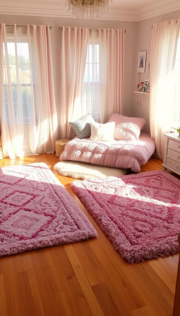 A cozy and inviting sisters' bedroom with plush area rugs in complementary shades of pink, lavender, and cream, softly illuminated by warm, natural lighting filtering through sheer curtains. The hardwood flooring is a rich, honey-toned hue, providing a neutral foundation for the vibrant textiles. Layered rugs in varying patterns and textures define distinct zones within the space, creating a sense of harmony and balance. Soft, oversized throw pillows and a fluffy area rug in the reading nook add an extra layer of comfort and coziness, perfect for curling up with a book. The overall atmosphere is one of tranquility, creativity, and youthful charm, reflecting the personalities of the room's occupants.