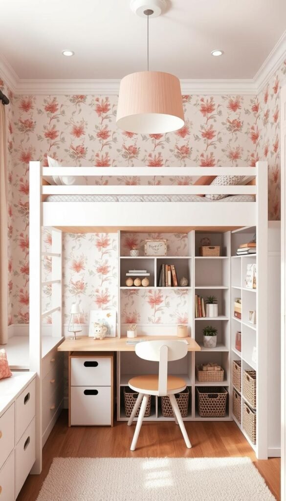 A cozy and inviting small girl's bedroom with a multi-functional furniture arrangement. In the foreground, a versatile loft bed with built-in storage drawers and a ladder. Underneath, a stylish desk and chair set up for studying or creative play. In the middle ground, a modular shelving unit with cubbies and baskets for storing toys, books, and personal items. The walls are adorned with whimsical wallpaper featuring a floral pattern in soft pastel hues. Soft diffused lighting from a statement pendant fixture creates a warm and welcoming atmosphere. The overall design is both practical and visually appealing, maximizing the limited space while catering to the needs of a growing young girl.