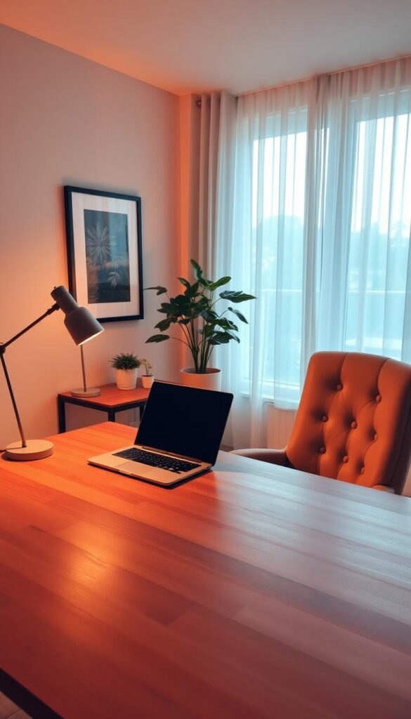 A cozy and inviting study nook, bathed in warm, soft lighting. A large, smooth wooden desk sits in the foreground, adorned with a sleek laptop, a minimalist desk lamp, and a potted plant. Behind it, a plush, tufted office chair in a neutral tone. The middle ground features a lush, potted plant on a side table, and a framed piece of art on the wall. The background showcases a large window, with sheer curtains letting in natural light, creating a serene and tranquil atmosphere. The overall scene exudes an air of productivity, focus, and calm, perfect for an immersive study session. A cozy and inviting study nook, bathed in warm, soft lighting. A large, smooth wooden desk sits in the foreground, adorned with a sleek laptop, a minimalist desk lamp, and a potted plant. Behind it, a plush, tufted office chair in a neutral tone. The middle ground features a lush, potted plant on a side table, and a framed piece of art on the wall. The background showcases a large window, with sheer curtains letting in natural light, creating a serene and tranquil atmosphere. The overall scene exudes an air of productivity, focus, and calm, perfect for an immersive study session.