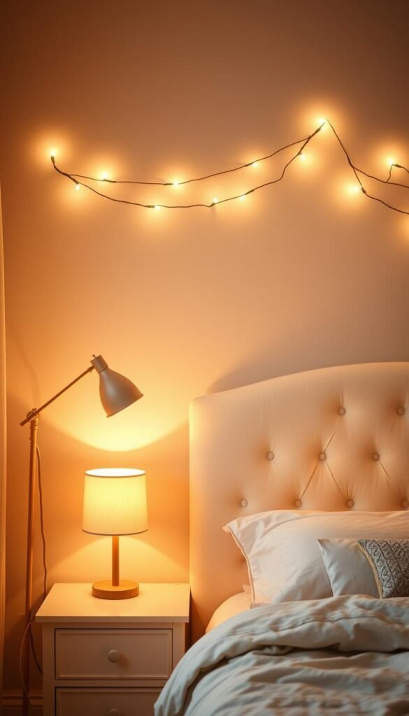 A cozy and inviting teen girl's bedroom with warm, ambient lighting. The scene features a plush, tufted headboard in a soft pastel hue, with string lights draped overhead, casting a gentle, diffused glow. On the nightstand, a delicate table lamp with a neutral shade provides additional illumination. In the corner, a tall, slender floor lamp with a natural wood base and a linen shade adds a touch of elegance. The overall lighting creates a serene, relaxing atmosphere, perfect for reading, studying, or simply unwinding.