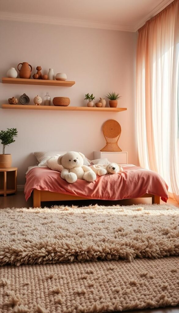 A cozy and inviting toddler girl's bedroom, bathed in soft, warm lighting. In the foreground, a plush, textured area rug in a neutral tone, its fibers beckoning to be sunk into. Positioned atop, an array of whimsical, pastel-colored throw pillows and a fluffy, oversized teddy bear, creating a nook perfect for snuggling. In the middle ground, a low, wooden bed frame with a lush, velvety bedspread in a deep rose hue. Floating shelves on the walls display an eclectic mix of ceramic figurines, woven baskets, and potted plants, adding depth and visual interest. The background features wispy, lightweight curtains in a sheer, pale pink fabric, gently billowing in a soft breeze, evoking a sense of tranquility and comfort. A cozy and inviting toddler girl's bedroom, bathed in soft, warm lighting. In the foreground, a plush, textured area rug in a neutral tone, its fibers beckoning to be sunk into. Positioned atop, an array of whimsical, pastel-colored throw pillows and a fluffy, oversized teddy bear, creating a nook perfect for snuggling. In the middle ground, a low, wooden bed frame with a lush, velvety bedspread in a deep rose hue. Floating shelves on the walls display an eclectic mix of ceramic figurines, woven baskets, and potted plants, adding depth and visual interest. The background features wispy, lightweight curtains in a sheer, pale pink fabric, gently billowing in a soft breeze, evoking a sense of tranquility and comfort.