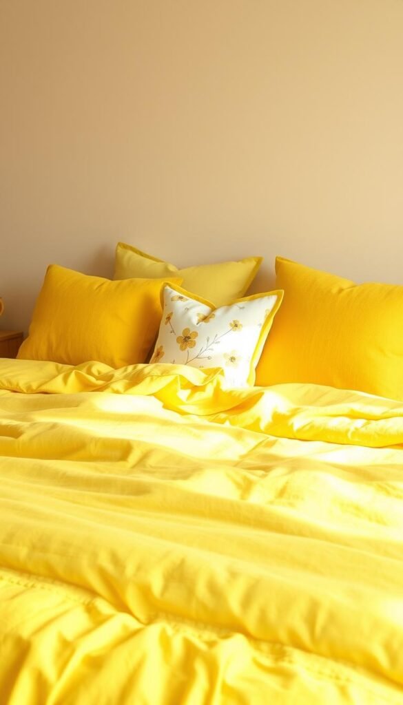 A cozy and inviting yellow-toned bedroom scene. In the foreground, a plush, sun-kissed duvet cover adorns a comfortable queen-sized bed, complemented by an array of cheerful throw pillows in varying shades of yellow. The bedding has a soft, natural linen texture, casting a warm and soothing glow. In the middle ground, a delicate floral pattern on the throw pillows adds a touch of whimsy, while the overall palette evokes a sense of radiance and happiness. The background features a neutral-toned wall, allowing the vibrant yellow hues to take center stage. The lighting is soft and diffused, creating a tranquil and serene atmosphere, perfect for a cheerful and sunny girls' bedroom.