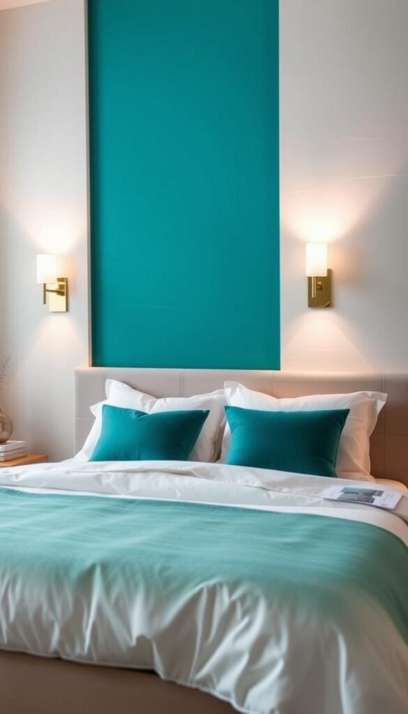 A cozy and modern bedroom featuring a stunning teal accent wall as the focal point. The wall has a sleek, minimalist design with subtle texture, creating a serene and sophisticated atmosphere. In the foreground, a plush, contemporary bed with crisp white bedding and teal accents invites you to relax. Soft, diffused lighting from a pair of minimalist wall sconces illuminates the scene, casting a warm and inviting glow. The angle showcases the graceful interplay between the teal accent wall and the harmonious neutral tones of the room, highlighting the design's visual impact. Overall, the image conveys a sense of tranquility and style, perfectly complementing the "Teal Girls Bedroom Ideas That Pop" theme.