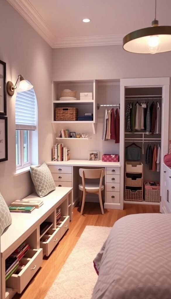 A cozy and organized girls' bedroom with clever storage solutions. In the foreground, a built-in window seat with hidden drawers and shelves, providing ample space for books, toys, and personal items. The middle ground features a desk with floating shelves above, utilizing vertical space efficiently. In the background, a closet with custom-fitted organizers, including hanging rods, cubbies, and baskets, creating a streamlined and tidy appearance. Soft lighting emanates from sconces and a pendant fixture, casting a warm, inviting glow. The overall scene conveys a sense of functionality, creativity, and personal expression, perfect for a growing girl's sanctuary.