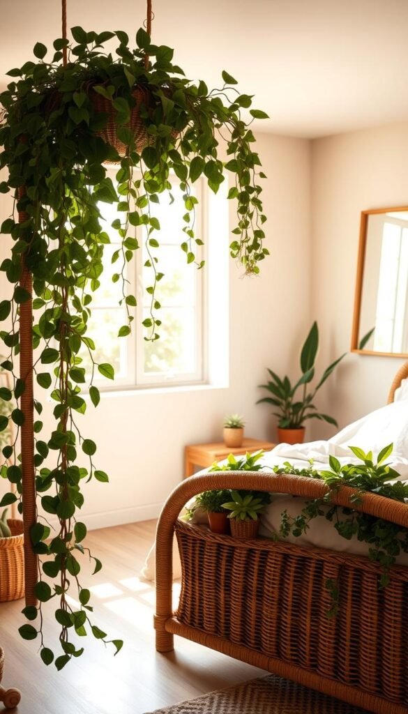 A cozy and serene bedroom interior, bathed in warm natural lighting from a large window. In the foreground, a rattan bed frame is adorned with lush, trailing vines and potted plants, creating a lush, botanical oasis. The middle ground features a wooden nightstand with a simple, minimalist design, topped with a small potted succulent. In the background, a neutral-toned wall is accentuated by a large, framed mirror that reflects the natural elements, amplifying the sense of tranquility. The overall atmosphere is calming and inviting, with a soft, pastel color palette that evokes a dreamy, feminine aesthetic.