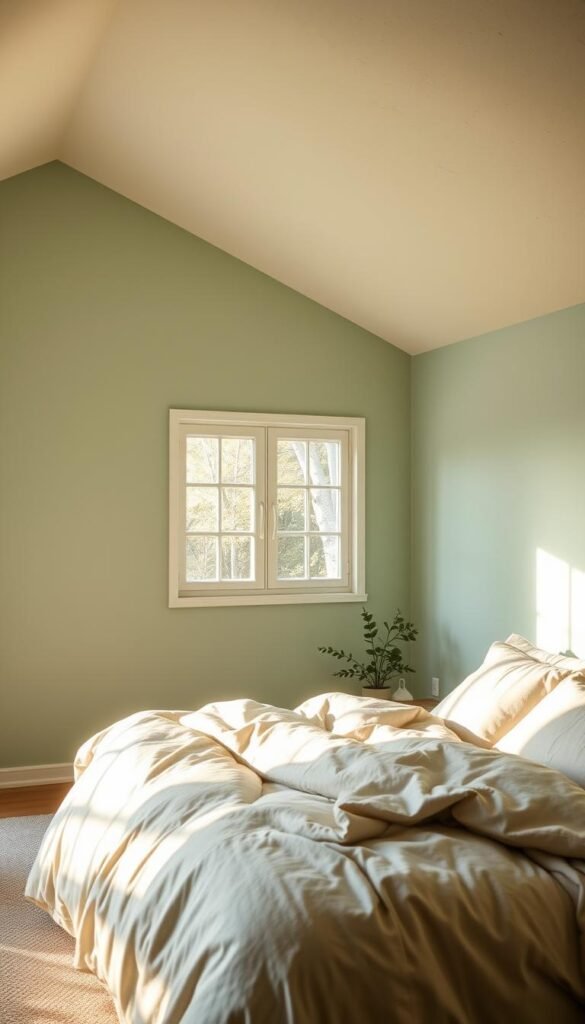 A cozy and serene bedroom with light sage green walls, bathed in warm, soft lighting. The walls have a subtle, slightly textured matte finish, creating a calming and inviting atmosphere. A large window in the middle ground allows natural light to flow in, casting a gentle glow throughout the space. In the foreground, a plush, neutral-toned bed is adorned with soft, muted linens, complementing the green walls. Subtle, minimalist decor elements, such as a wooden side table and a leafy plant, add touches of nature and simplicity. The overall scene evokes a sense of tranquility and relaxation, perfect for a restful retreat.