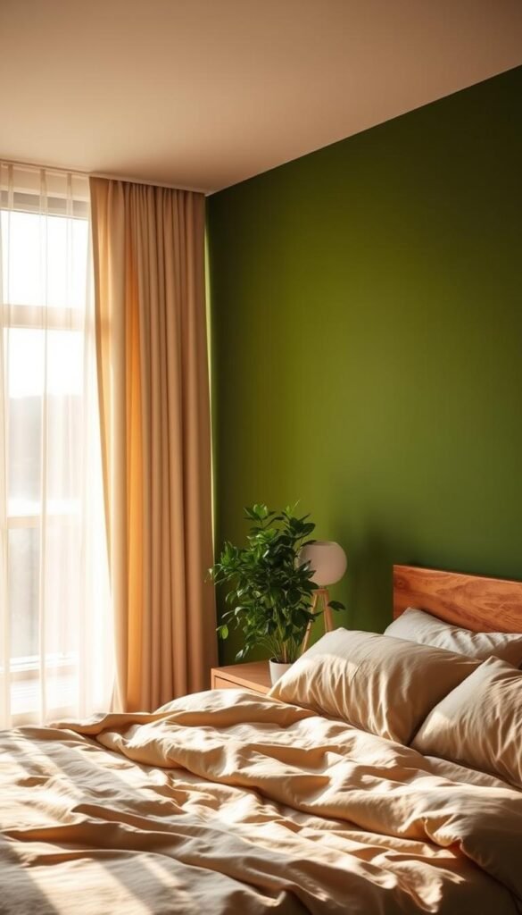 A cozy and serene green accent wall bedroom, bathed in warm natural light filtering through sheer curtains. The wall is painted in a rich, earthy shade of green, creating a calming and grounding ambiance. In the foreground, a plush, neutral-toned bed is dressed in soft, inviting linens, while a lush potted plant adds a touch of vibrant greenery. The middle ground features a wooden nightstand with a minimalist lamp, complementing the natural wood tones. In the background, a large window offers a glimpse of a serene outdoor landscape, blending the indoor and outdoor spaces seamlessly. The overall atmosphere is one of tranquility and harmony, perfectly suited for a nature-inspired bedroom.