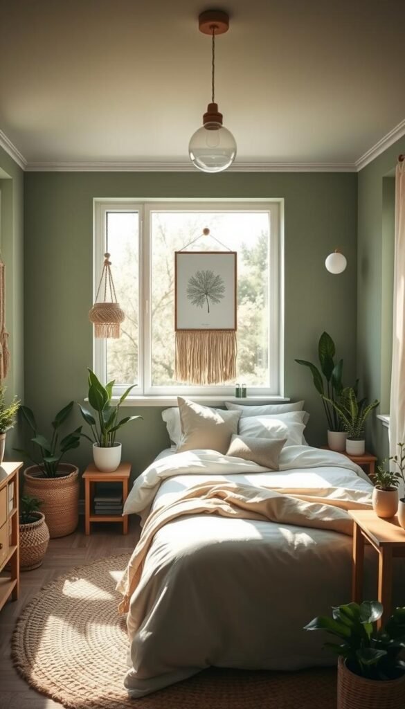 A cozy and serene green-themed girls' bedroom, bathed in warm natural light streaming through large windows. The room features a plush twin bed with soft, earthy bedding, surrounded by potted plants and natural wood furniture. Hanging macrame wall decor and a woven area rug add textural elements. The walls are painted in a soothing sage green, complemented by white accents. A nature-inspired artwork piece hangs above the bed's headboard. Minimalist lighting fixtures cast a gentle glow, creating a tranquil, nature-connected ambiance.